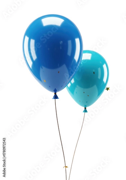 Fototapeta Large royal blue and smaller azure blue glossy balloons tied by brown string, golden star confetti, against a transparent background, soft lighting, creamy bokeh, Concept of elegant celebration