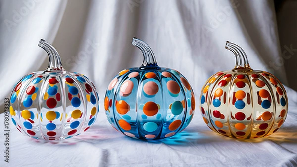 Fototapeta Colorful glass pumpkins with polka dots and clear stems placed on soft white fabric background for autumn decoration and festive display