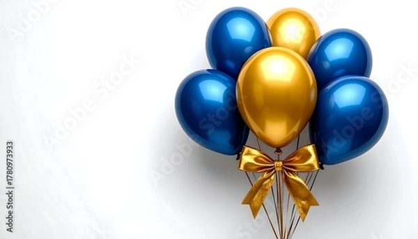 Fototapeta Bunch of shiny blue and gold balloons, tied with a golden bow