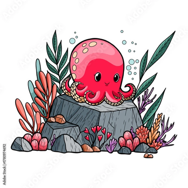 Fototapeta Cute Octopus on Underwater Rock with Seaweed - Line Art Coloring Page and Colored Vector Illustration 