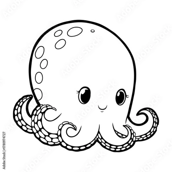 Obraz Cute Octopus on Underwater Rock with Seaweed - Line Art Coloring Page and Colored Vector Illustration 