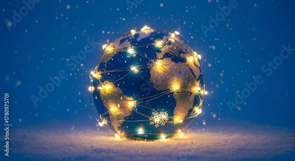 Fototapeta Illuminated globe with lights on winter background and snowfall  