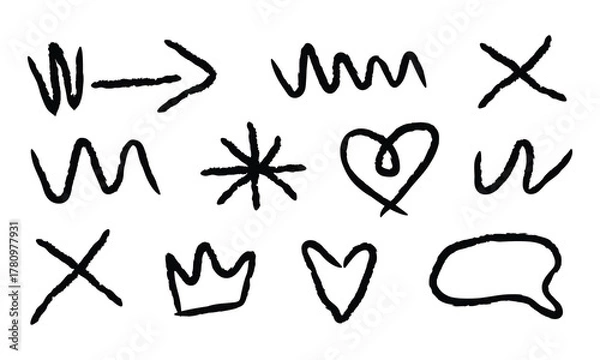 Fototapeta Bold hand drawn marker doodle elements and symbols set