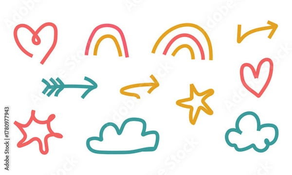 Fototapeta Colorful hand drawn doodle rainbow heart and arrow collection for design