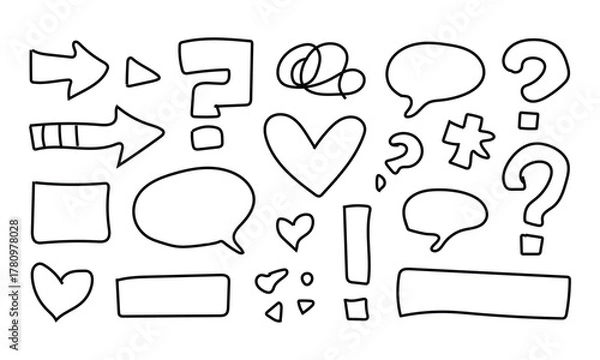 Fototapeta Hand drawn doodle speech bubbles arrows and hearts collection
