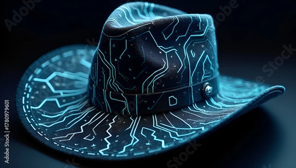 Fototapeta A stylish black cowboy hat decorated with a blue circuit line pattern, combining classic Western style with modern tech feel.