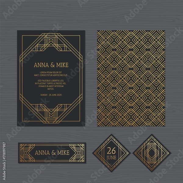Obraz Luxury wedding invitation or greeting card with geometric ornament. Art Deco style. Paper lace envelope template. Wedding invitation envelope mock-up for laser cutting. Vector illustration.