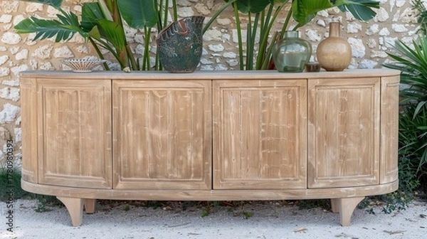 Fototapeta Rustic wooden sideboard with decorative vases and plants, set against a stone wall background