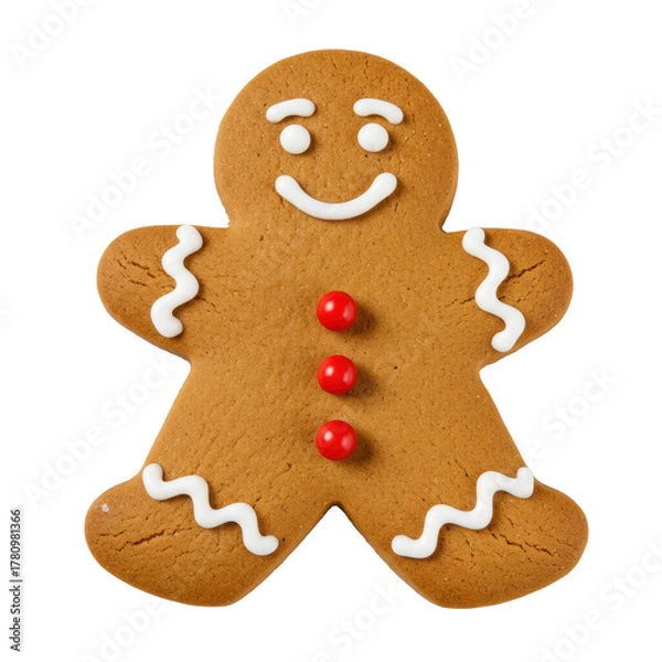 Obraz A perfectly baked golden-brown gingerbread woman cookie, white royal icing, smiling face, red candy buttons, against a transparent background with copy space. Christmas holiday baking concept