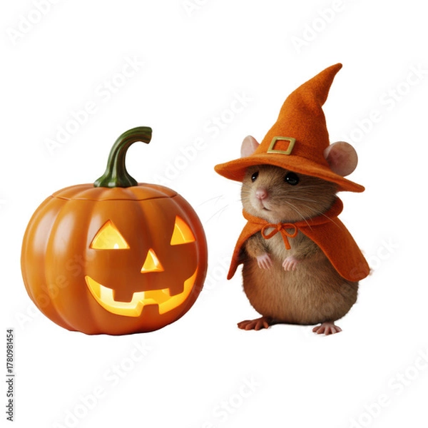 Obraz Fluffy brown mouse in orange wizard hat and cape, by glowing jack-o'-lantern and autumn leaves, with watercolor white background. Whimsical Halloween concept