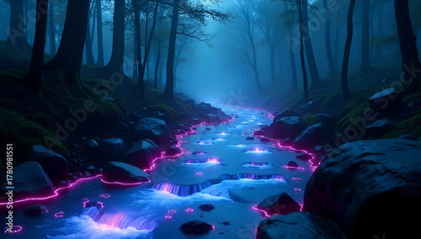 Fototapeta Glowing neon river flowing through a foggy, magical forest at night.