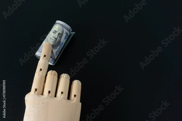 Obraz Wooden hand model and dollar banknote