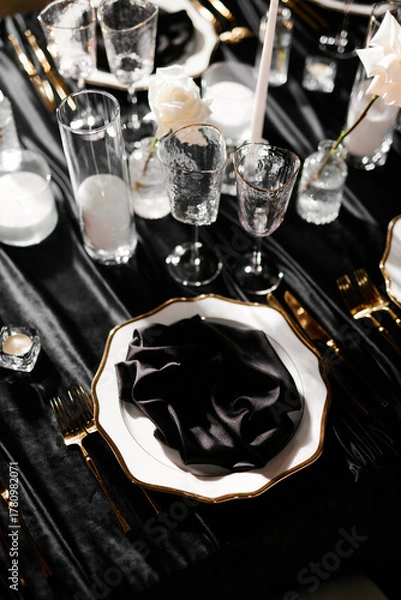 Fototapeta Luxurious setting of dark restaurant tables with candles and fresh flowers