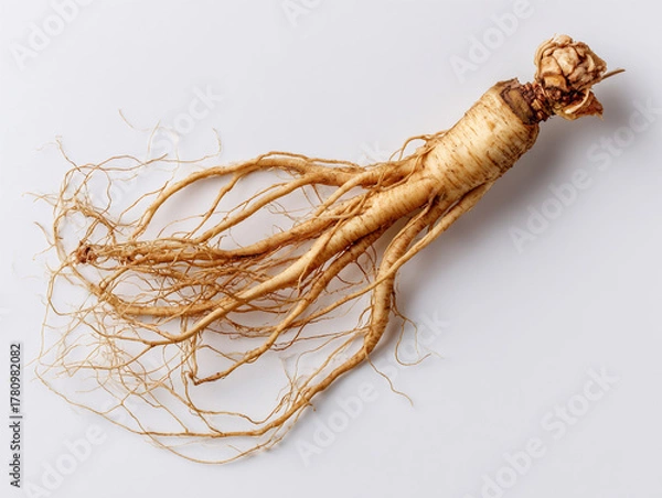 Fototapeta Fresh ginseng root with long, delicate roots and a rustic appearance on white background