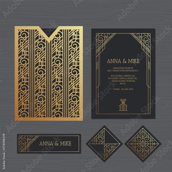 Obraz Luxury wedding invitation or greeting card with geometric ornament. Art Deco style. Paper lace envelope template. Wedding invitation envelope mock-up for laser cutting. Vector illustration.