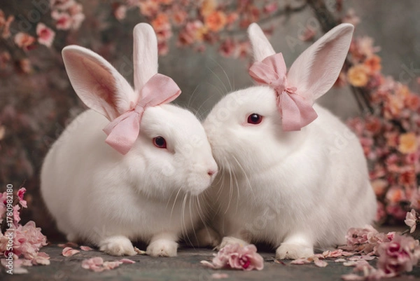 Fototapeta Two adorable bunnies with pink bows surrounded by flowers in a cozy setting