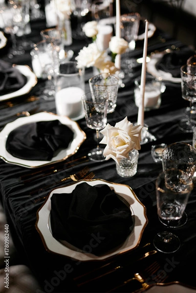 Fototapeta Luxurious setting of dark restaurant tables with candles and fresh flowers