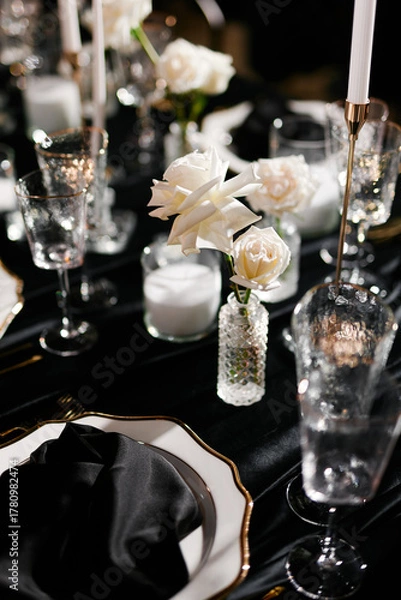 Fototapeta Luxurious setting of dark restaurant tables with candles and fresh flowers