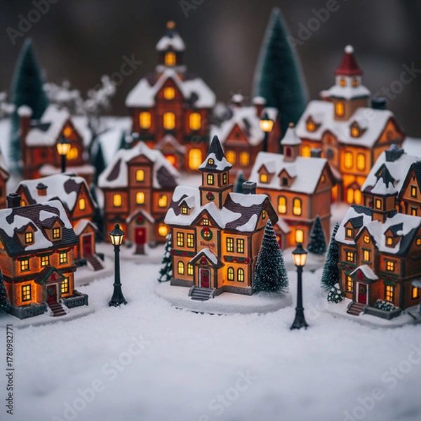 Fototapeta Charming Miniature Village Illuminated During a Winter Snowfall