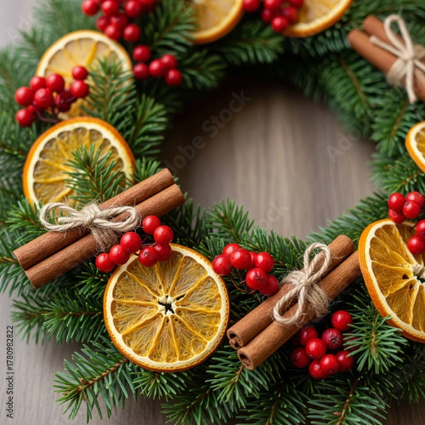 Fototapeta Festive Christmas Wreath With Natural Decorations Like Dried Oranges Cinnamon Sticks And Red Berries