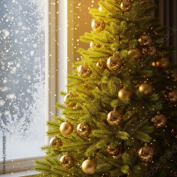 Fototapeta Beautifully Decorated Christmas Tree with Golden Ornaments and Snowy Window View