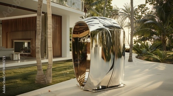 Fototapeta Shiny futuristic pod reflects exterior in front of a modern house, palms in soft focus