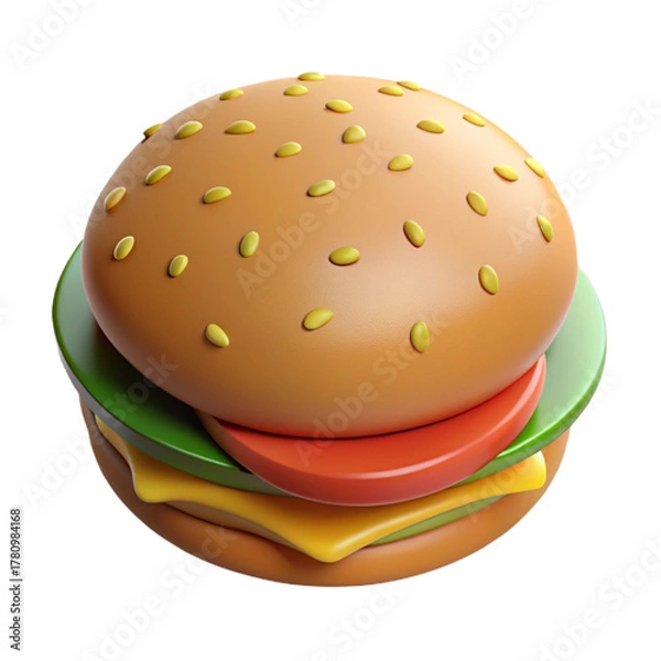 Fototapeta Cartoon hamburger with cheese tomato and lettuce 3D render of a fast food icon isolated on white background