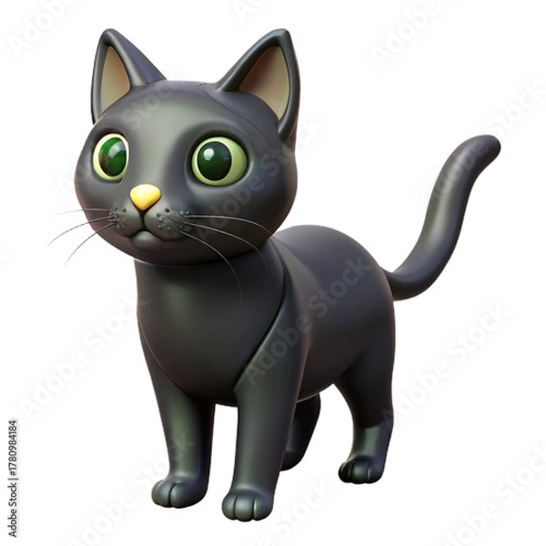 Fototapeta Cute black cat with green eyes a 3D render isolated on white background