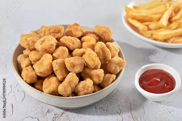 Fototapeta Crispy chicken popcorn with ketchup and French fries on a white background. Fast food.
