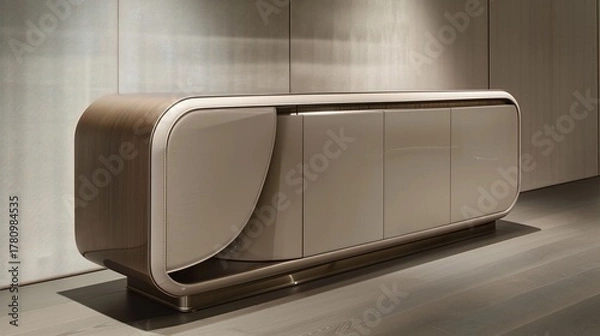 Fototapeta Sleek, modern credenza with a curved wooden top, glossy doors, and a minimalist design