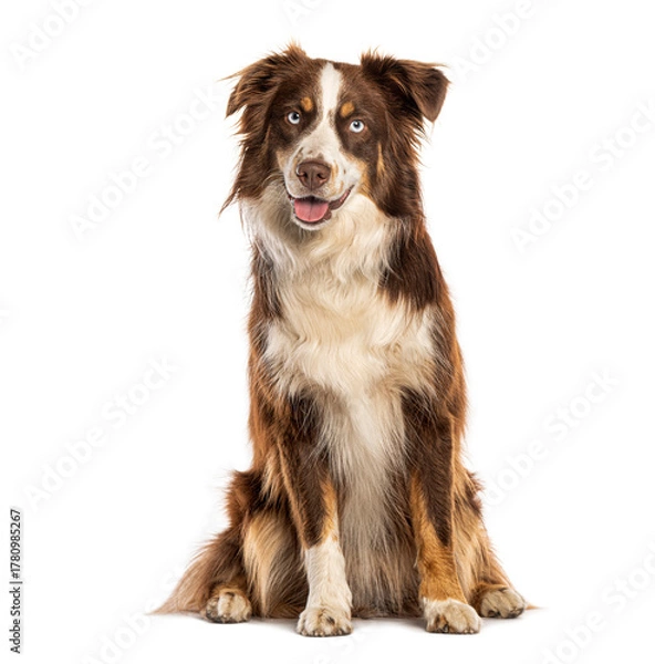 Obraz Australian shepherd sitting and panting on white background