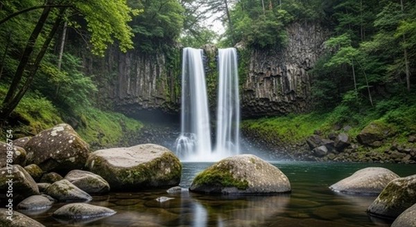 Fototapeta Central Waterfall with Moss-Covered Rocks. Tranquil Pool Reflecting Lush Greenery. Waterfall Flowing Over Dark Mossy Boulders.