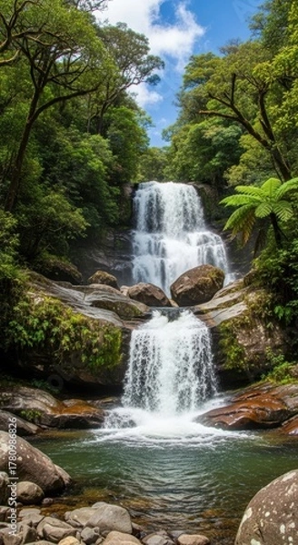 Fototapeta Waterfall on a Sunny Day with Blue Sky. Energetic Water Flow Over Smooth Rocks. Untouched Natural Beauty of a Forest Waterfall.
