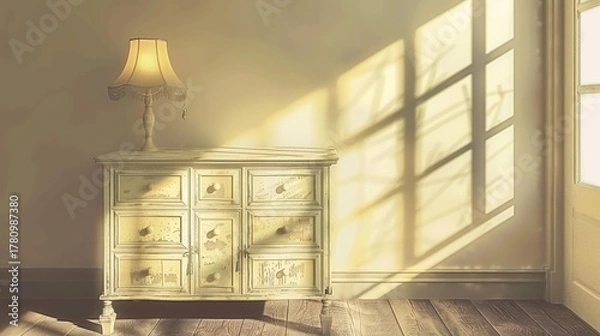 Fototapeta Softly lit interior with a cabinet, lamp, and sunlight casting a shadow