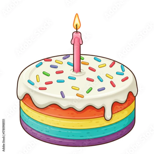 Obraz A vibrant cartoon birthday cake, rainbow layers, white frosting, colorful sprinkles, lit pink candle, on transparent background with copy space, joyful celebration atmosphere