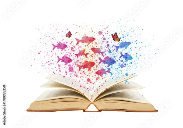 Fototapeta Aged book on a transparent background, vibrant watercolor fish and monarch butterflies bursting from its pages, surrounded by colorful splatters, magic of imagination blooming