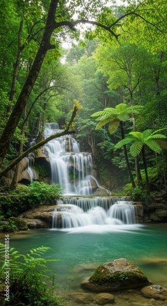 Fototapeta Multi-Tiered Forest Waterfall with Silky Water. Long Exposure Waterfall in Green Woods. Tranquil Turquoise Pool Waterfall Scene.