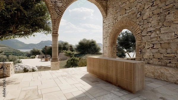 Fototapeta Stone archway frames a wooden cabinet on a sunlit terrace overlooking a serene landscape