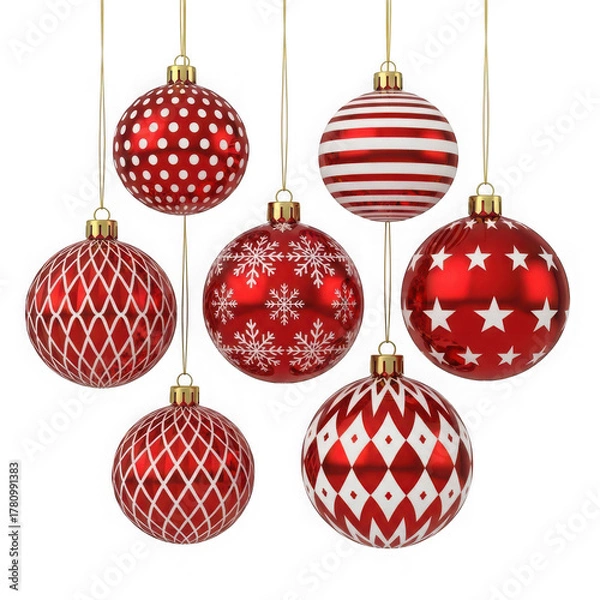 Fototapeta Collection of red christmas ornaments isolated on transparent background