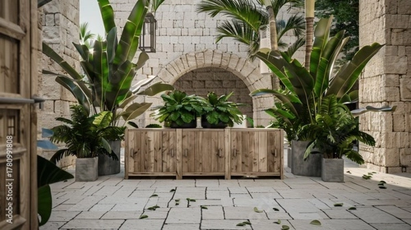Fototapeta Stone archway frames a wooden cabinet with potted plants in an outdoor space, sunlight shines