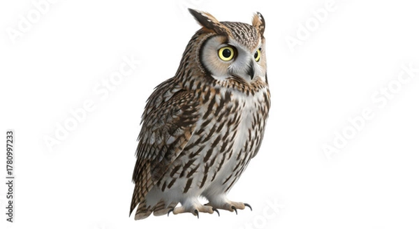 Fototapeta Detailed studio portrait of a wise long eared owl with striking yellow eyes standing alert on a transparent background isolated on transparent background