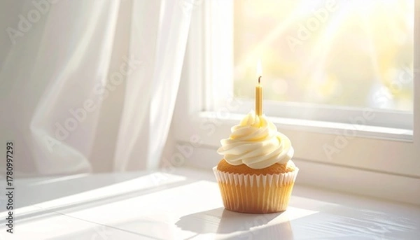 Fototapeta A single birthday cupcake with creamy white frosting and one lit candle sits on a windowsill, bathed in warm morning sunlight for a wish