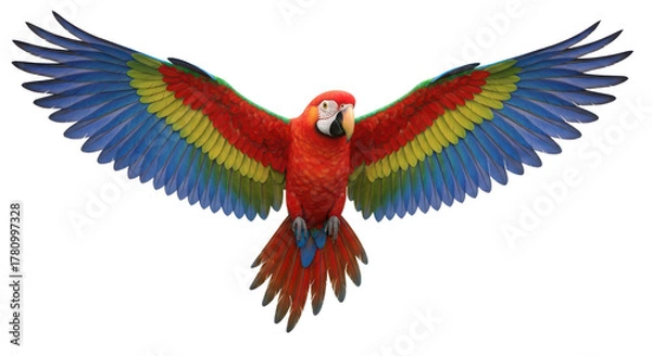 Fototapeta Vibrant scarlet macaw parrot in full flight with wings spread wide showing colorful plumage isolated on transparent background