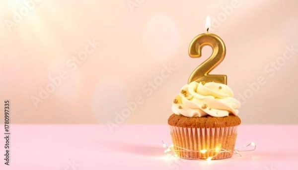 Fototapeta Golden number 2 candle on a creamy frosted cupcake with gold sprinkles and bokeh lights