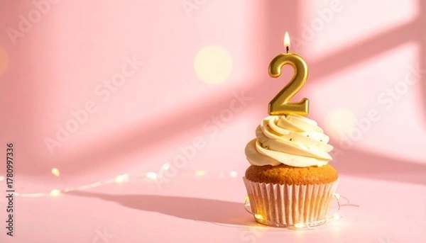 Obraz Celebratory Cupcake with Number Two Candle and String Lights on Pink Background
