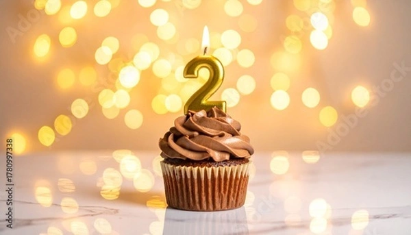 Fototapeta Gourmet chocolate cupcake with glowing number two candle, perfect for celebrating a second birthday or anniversary amidst soft bokeh lights