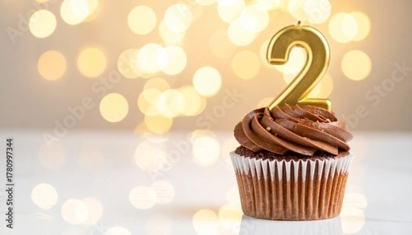 Fototapeta A delicious chocolate cupcake with golden numeral two candle on top, perfect for a second birthday or anniversary celebration