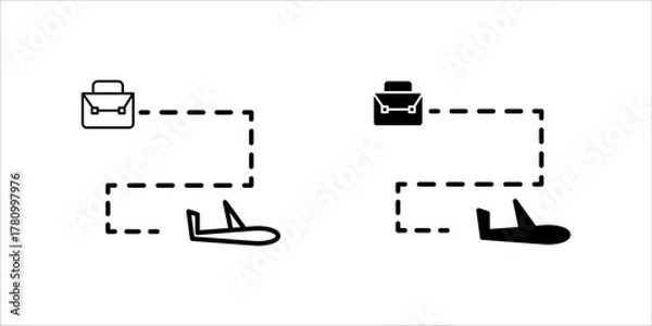 Fototapeta business_trip_icon set Black and white icon showing a briefcase connected by a dotted line to an airplane, symbolizing a business trip, travel, and professional journey.