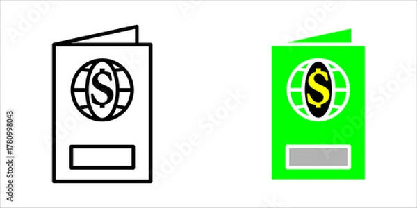 Obraz Passport with Dollar Sign Black icon of a passport with a dollar symbol inside a globe, representing finance, international banking, global economy, or currency exchange.