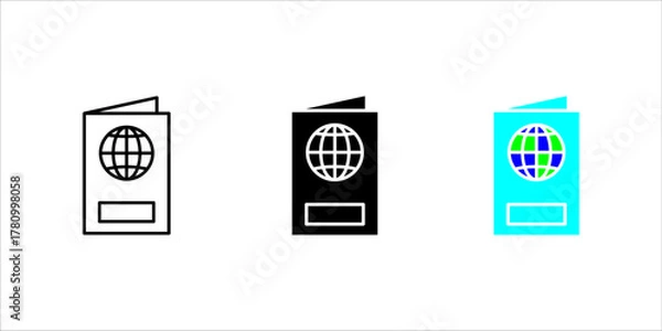 Fototapeta global-passport-icon set. Black icon of a passport featuring a globe symbol, representing international travel, identity, immigration, or tourism concept.